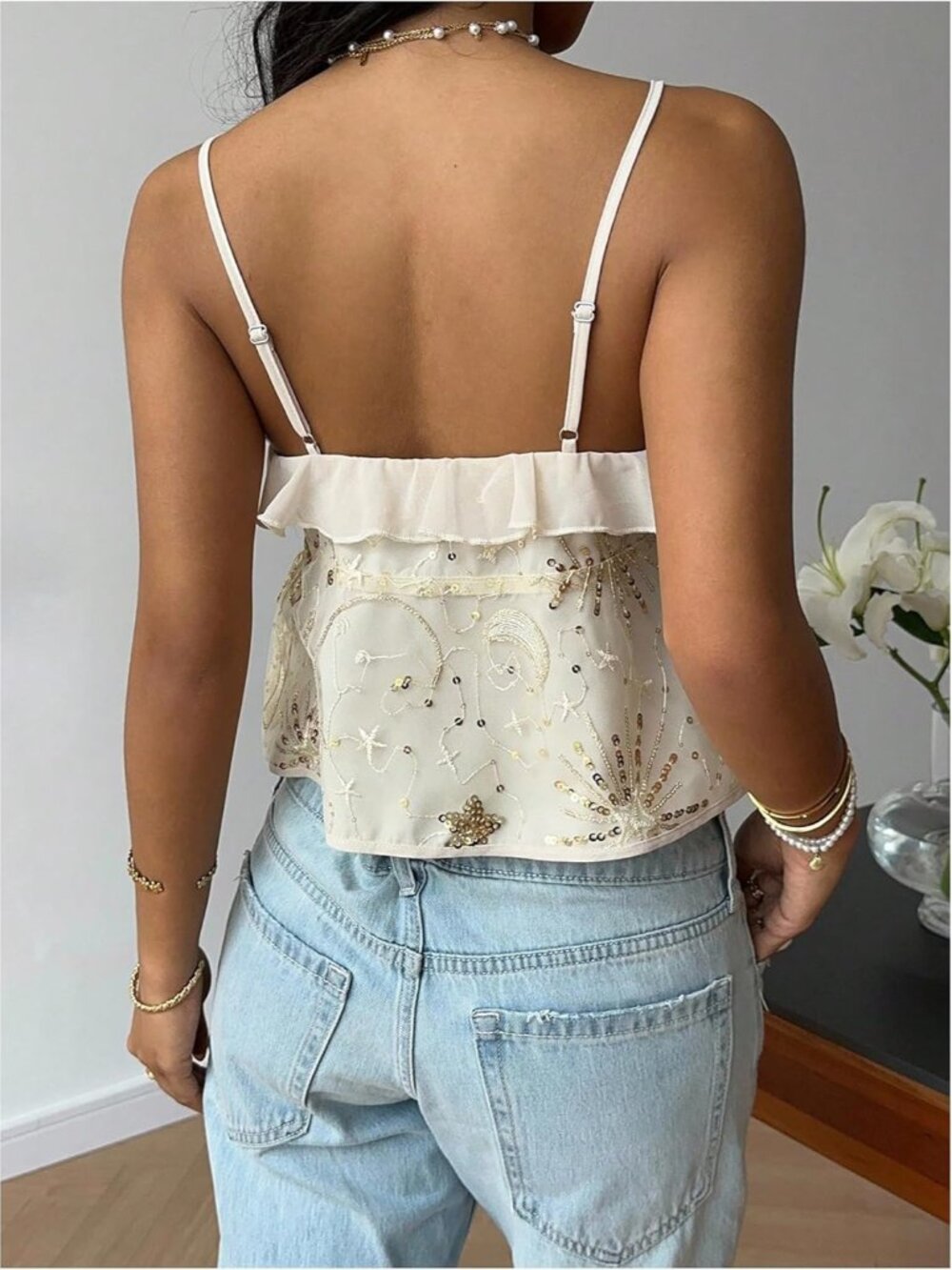 Women's Y2k Sparkly Sequin Tops Going Out Tie Front Ruffle Tops Cute Summer Cami - Picture 2 of 5